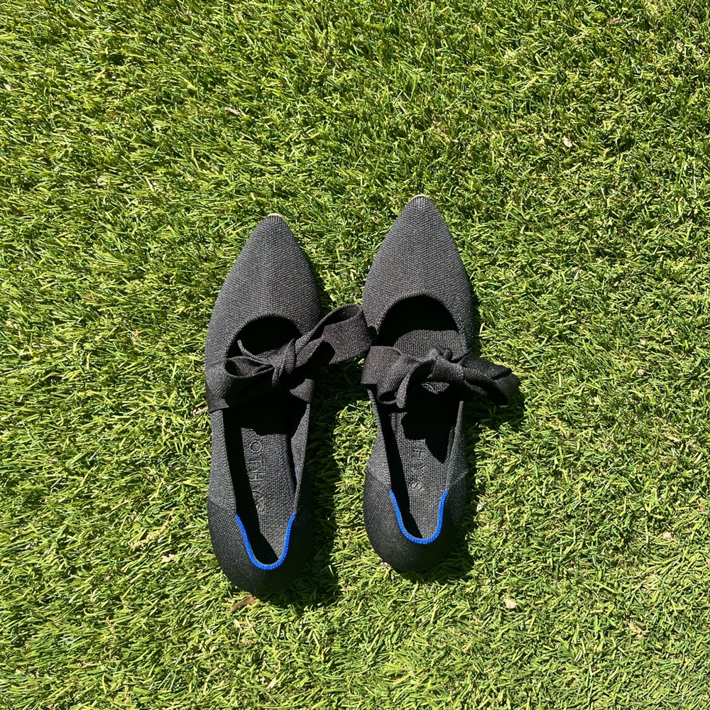 Rothy's Black Pointed Tie-Front Flats with Blue Trim